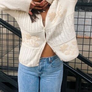 Liz Claiborne Cardigan Womens Large Cable Floral Ivory Wool Long Sleeve V Neck